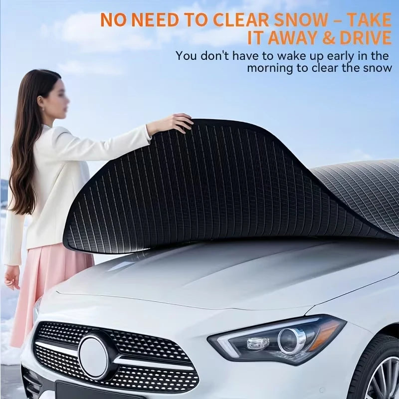 A woman is shown placing an all-season car windshield cover onto a white car, emphasizing the ease of use for clearing snow.