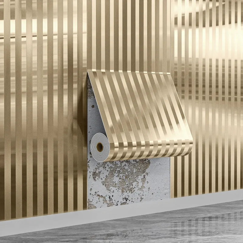 A close-up of a gold vertical wood grain grille wall sticker applied to a textured gray surface.