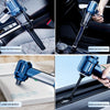 Close-up views of a foldable handheld car vacuum cleaner showing various nozzles including brush suction and brush blowing at