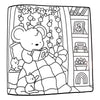 A black and white line drawing of a cute mouse sitting among flowers and books.