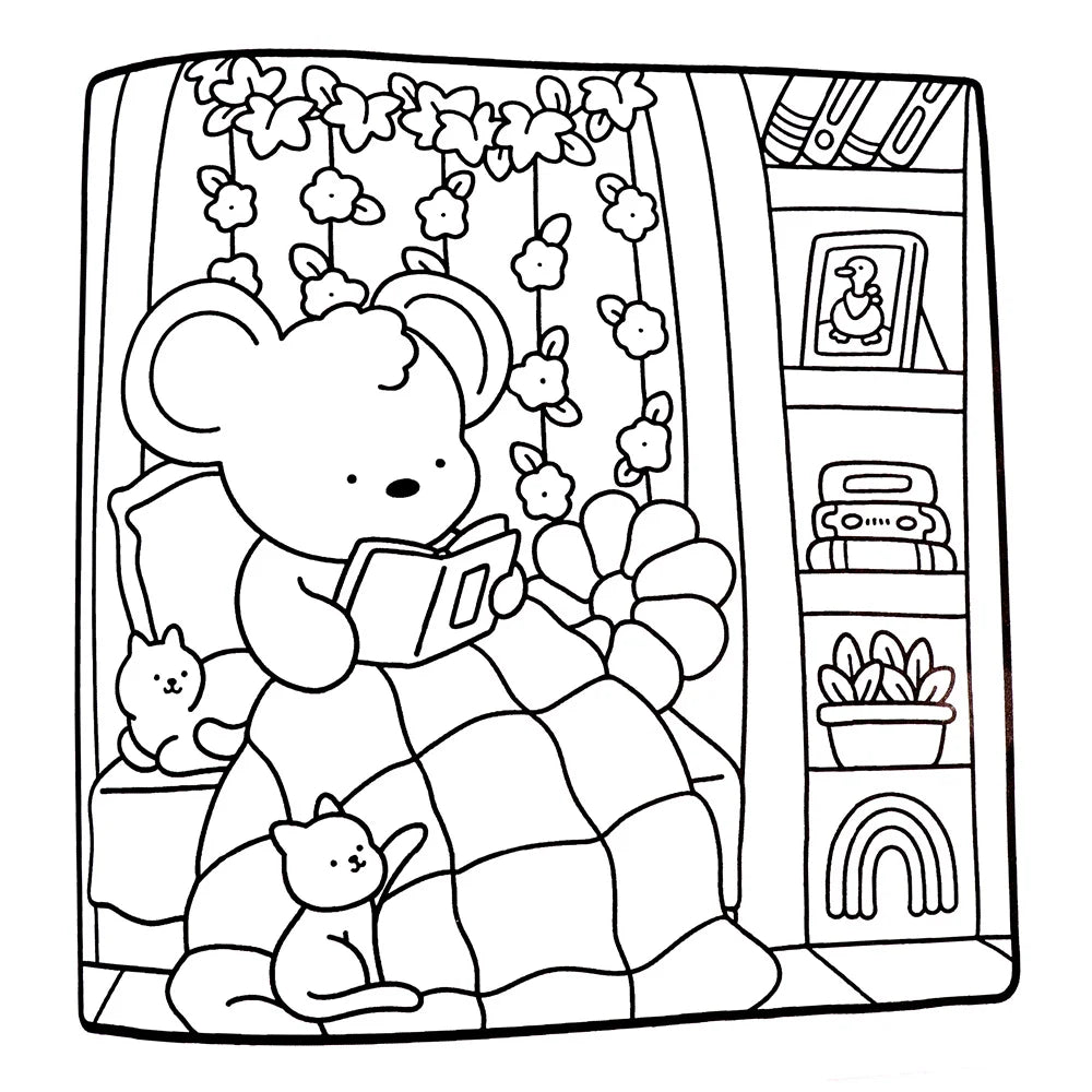 A black and white line drawing of a cute mouse sitting among flowers and books.