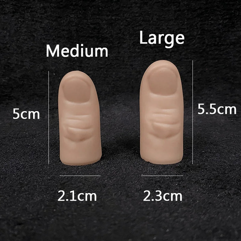 A comparison of medium and large silicone thumb tip illusion props, showing their sizes and dimensions.