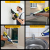 A collection of images showing various uses of a cordless electric caulking gun for filling wall and window gaps, tile repair