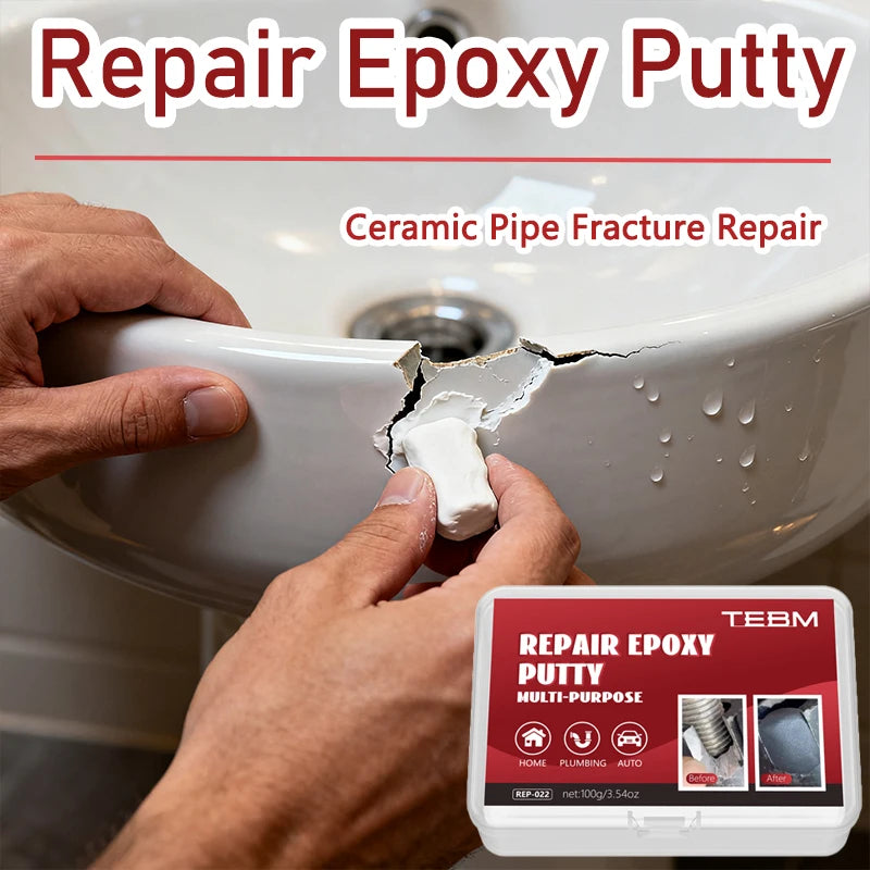 Hands are applying epoxy putty to repair a crack in a ceramic pipe, demonstrating a plumbing repair.
