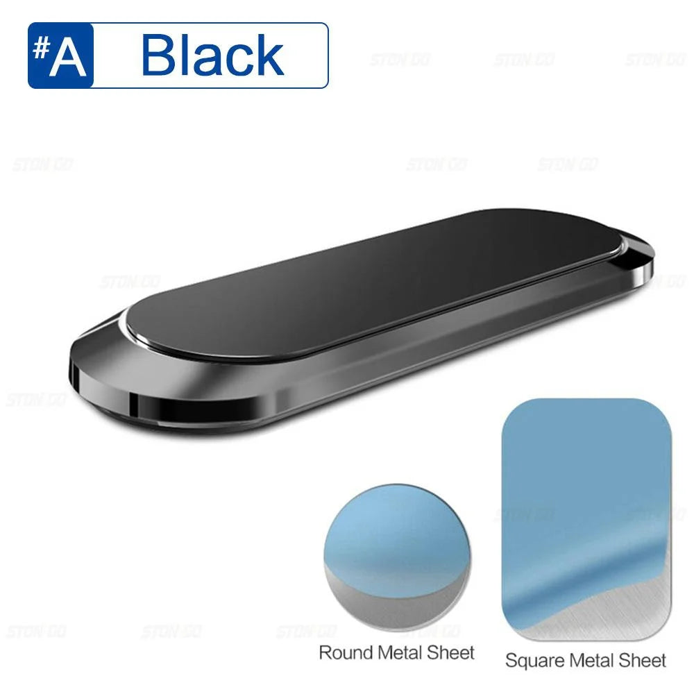 A black magnetic phone mount shown in various shapes including a rectangular, round, and square metal sheet.