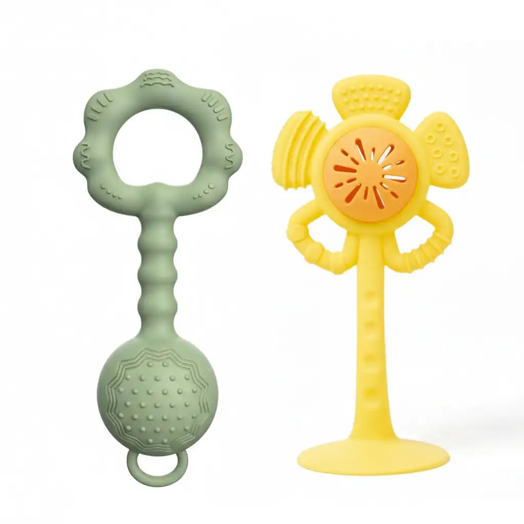 Silicone Baby Rattle and Teether Set with Suction Base