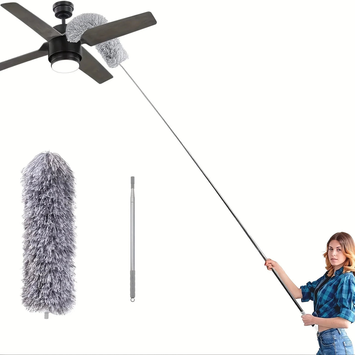 A person is using a telescopic extendable duster for high ceilings and ceiling fans.
