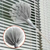 A silver adjustable spider web ceiling cleaner with a microfiber head hanging against a slatted window.