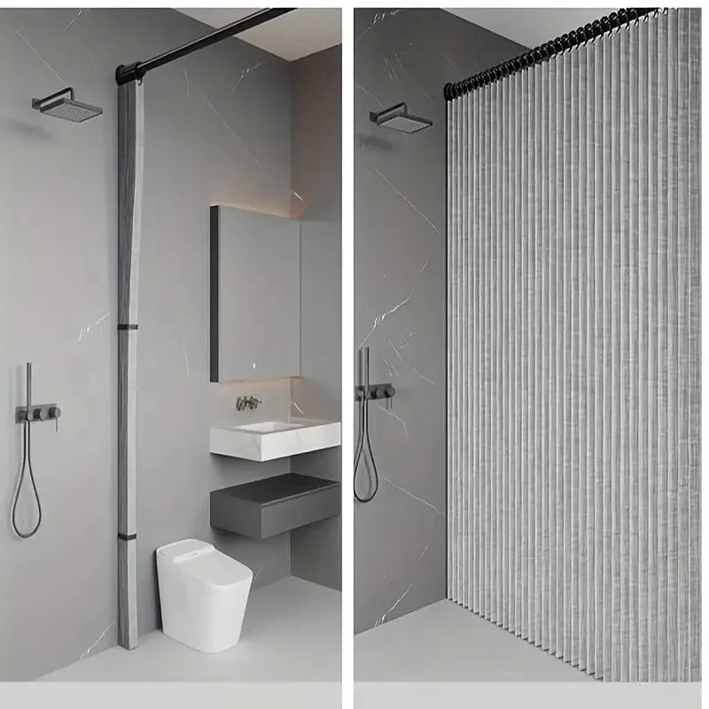 Salle de bain moderne avec rideau de douche magnétique vertical à ourlet lesté et tringle en verre élégante.