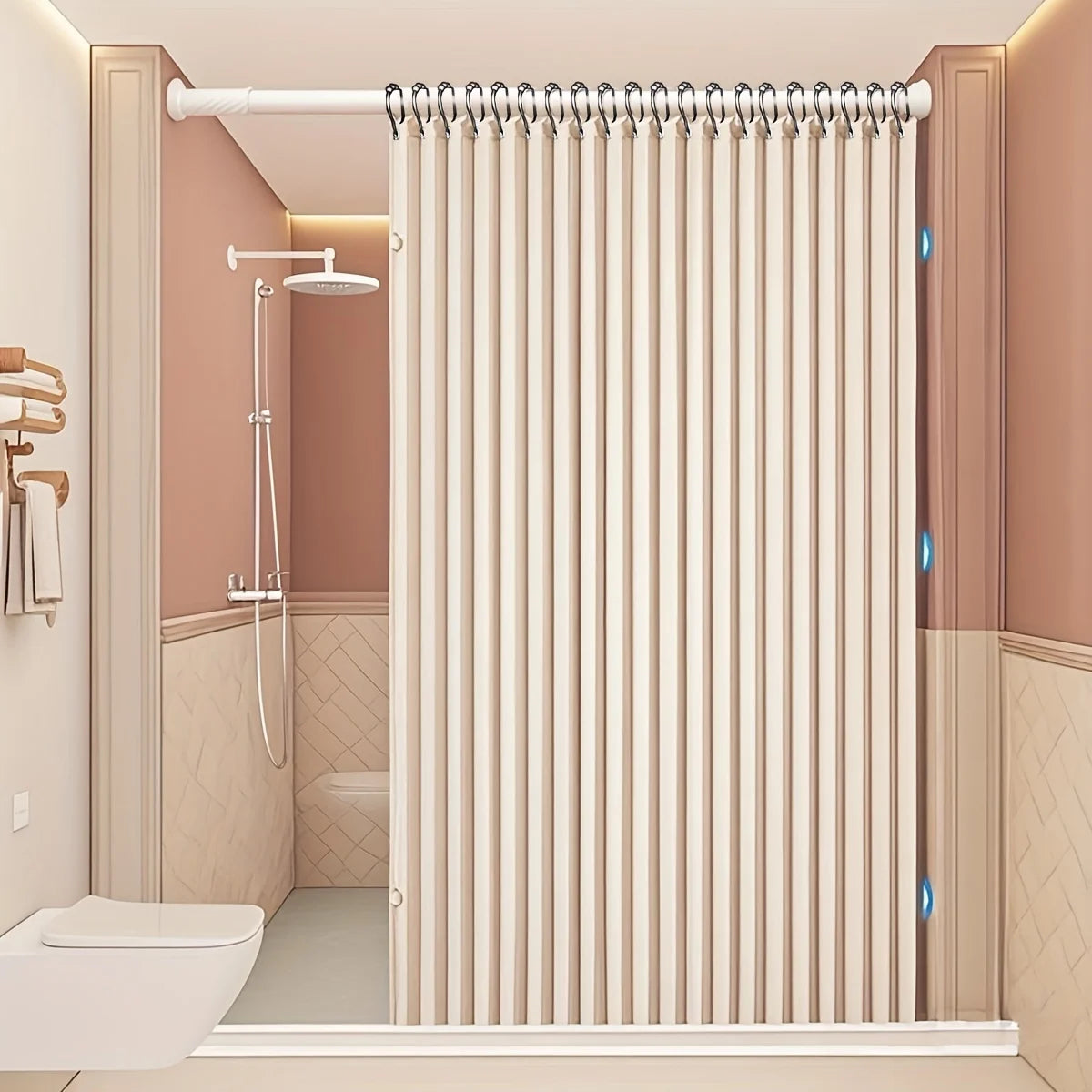 Gros plan d'un rideau de douche magnétique beige avec des ourlets lestés dans une salle de bain