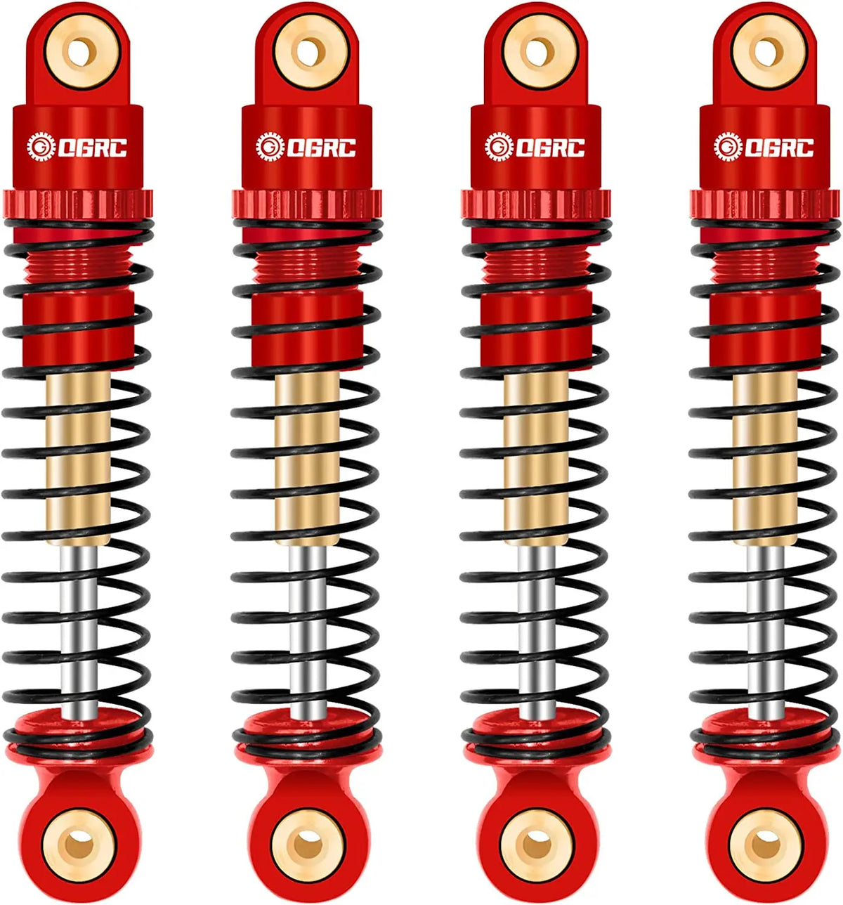 A set of red and gold aluminum shock absorbers for RC crawlers.
