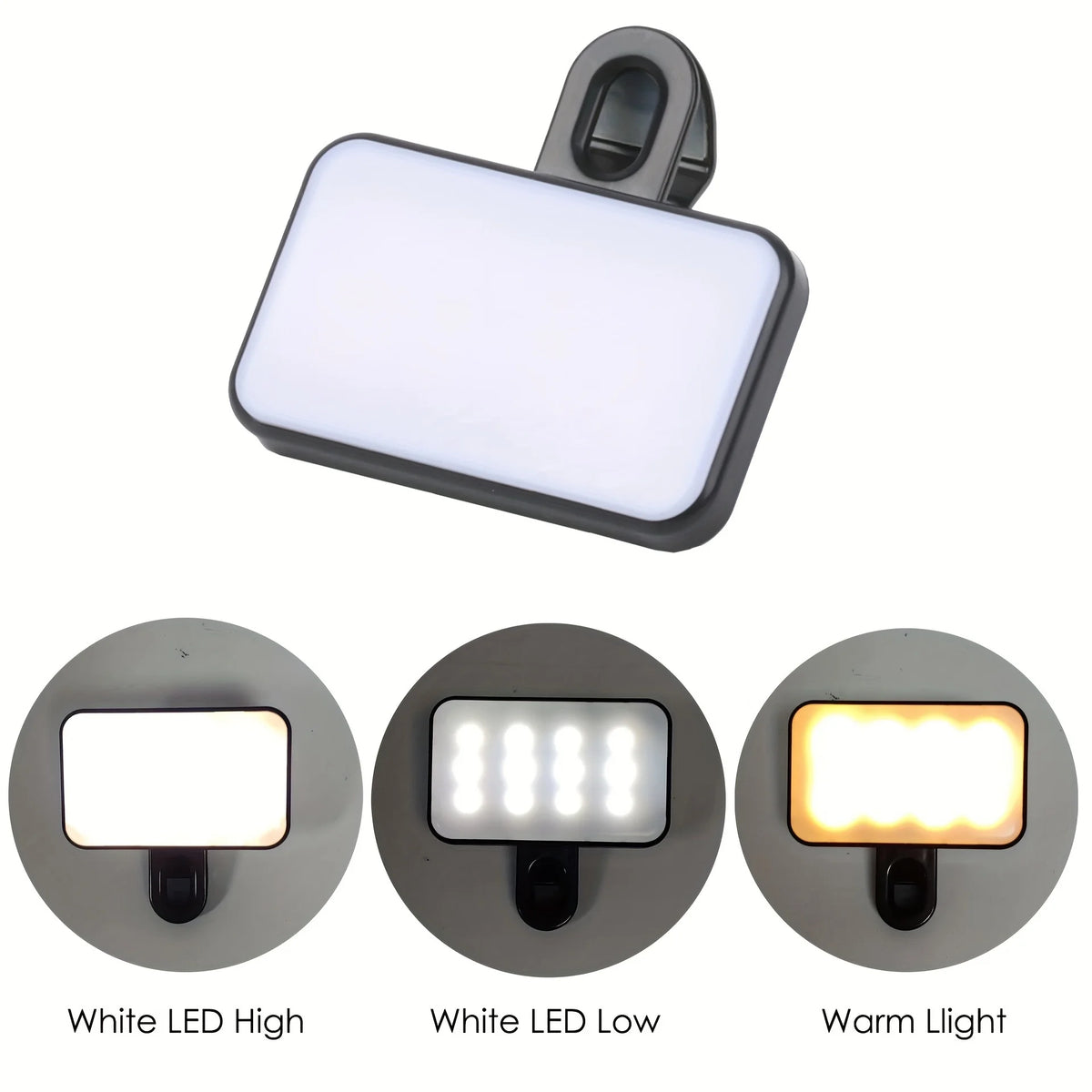 A portable clip-on LED light with three modes: White LED High, White LED Low, and Warm Light.