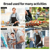 A retro rooster kitchen apron is shown in various activities including cooking, painting, and gardening.