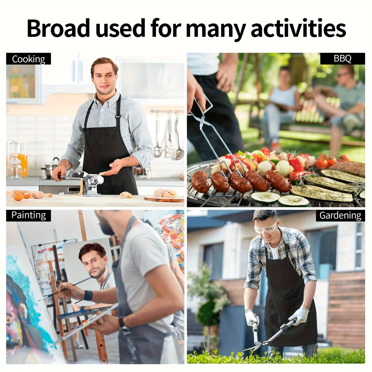 A retro rooster kitchen apron is shown in various activities including cooking, painting, and gardening.