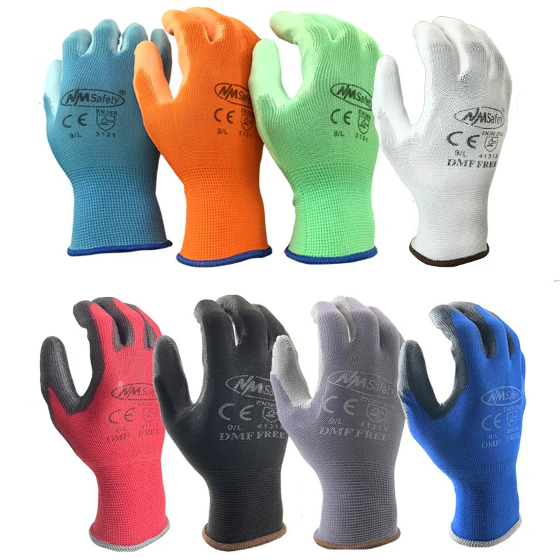 A collection of breathable PU-coated work gloves in various colors including blue, orange, green, and white.