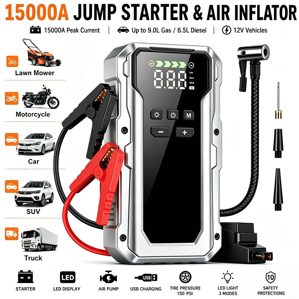 Démarrage de voiture argenté et gonfleur d'air avec divers connecteurs et accessoires sur fond blanc.