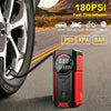 A portable 180PSI fast tire inflator air compressor device shown next to a car tire.