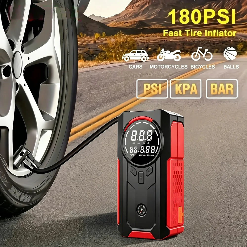 A portable 180PSI fast tire inflator air compressor device shown next to a car tire.