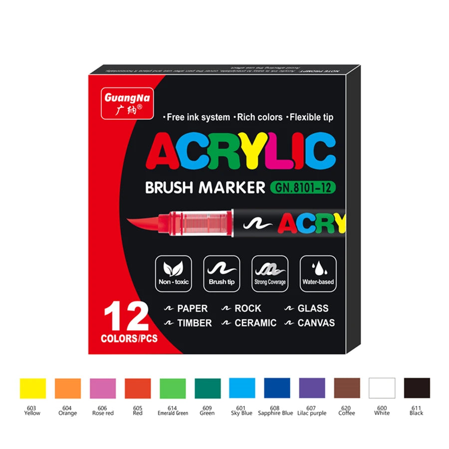 Eine Box GuangNa Acryl-Pinselmarker mit 12 Farben darunter Gelb, Orange, Rosarot, Rot, Smaragdgrün, Grün und Himmelblau