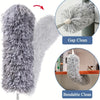 A fluffy gray telescopic duster shown in various cleaning modes including Gap Clean and Bendable Clean.