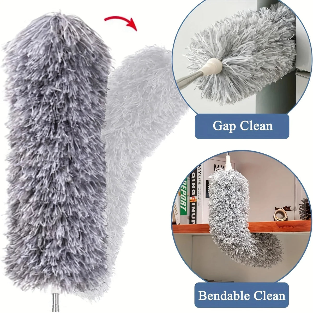 A fluffy gray telescopic duster shown in various cleaning modes including Gap Clean and Bendable Clean.