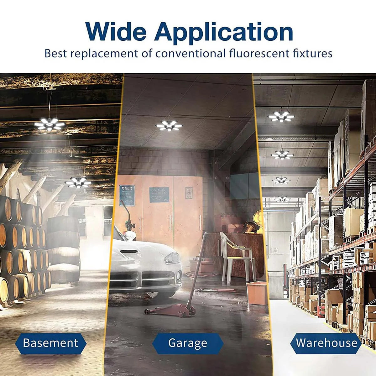Image showing a wide application LED light fixture installed in basement, garage, and warehouse environments.