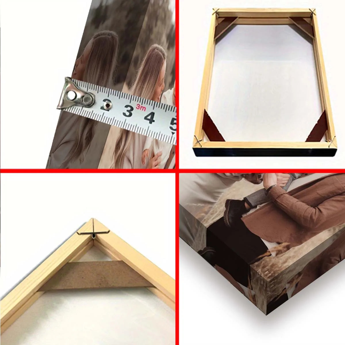 A set of wooden frames and a measuring tape demonstrating the dimensions for custom printable canvas wall art.