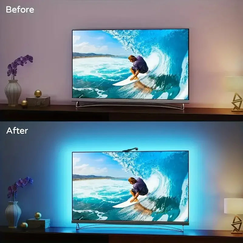 مقارنة لتلفزيون ذكي قبل وبعد استخدام شريط إضاءة LED لمزامنة الشاشة.