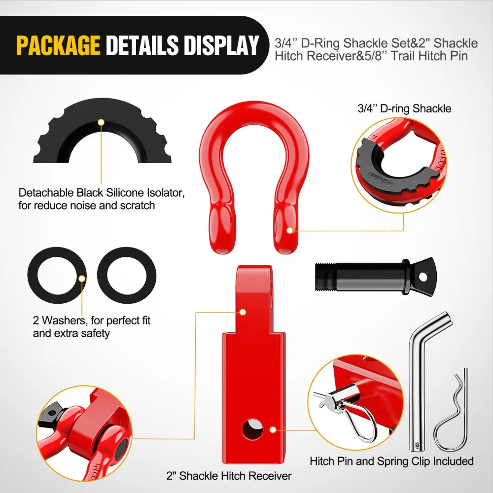 Display of a 3/4 inch D-ring shackle set, hitch receiver, and trailer pin components.