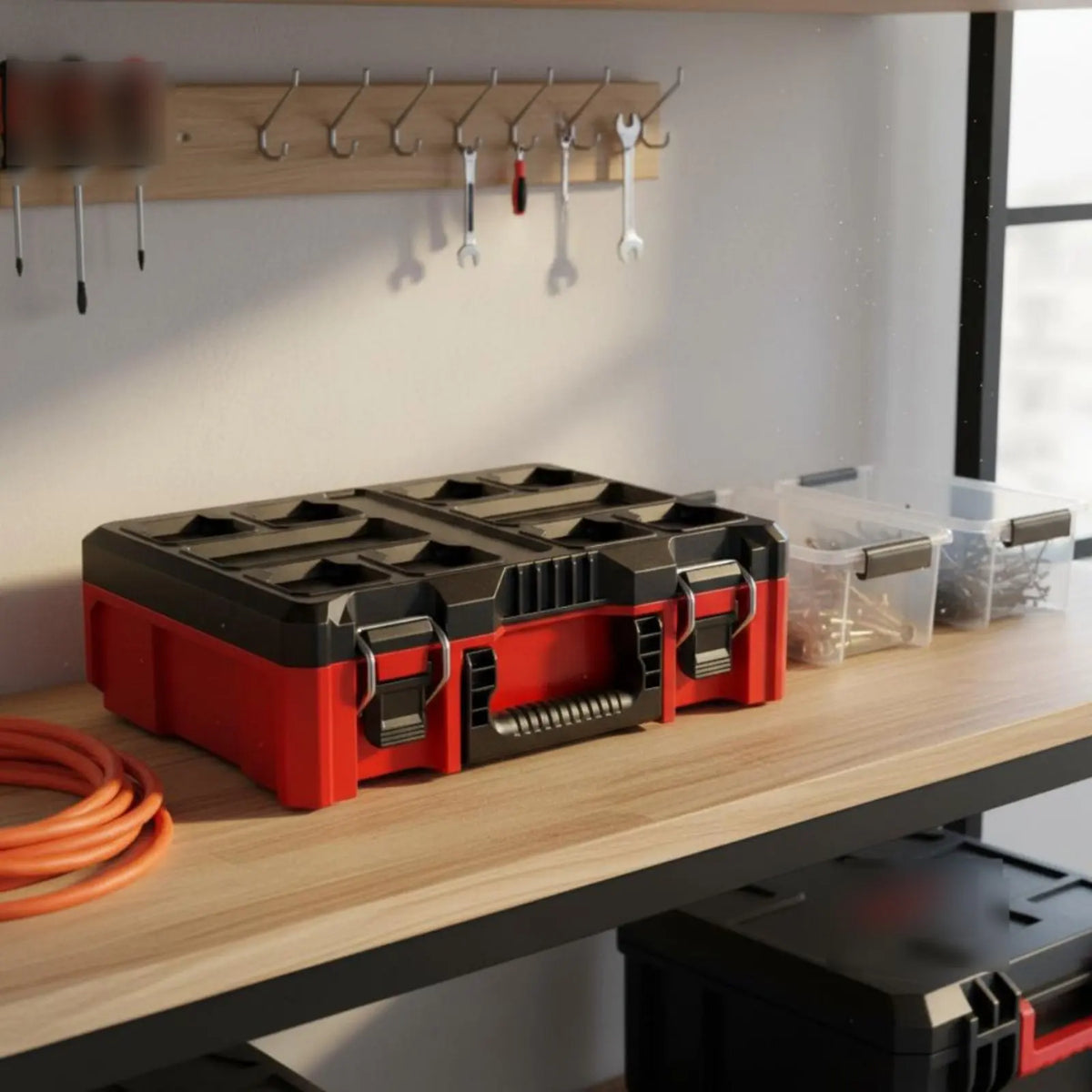 An open red and black modular stackable tool organizer case with various tools stored inside on a wooden shelf.