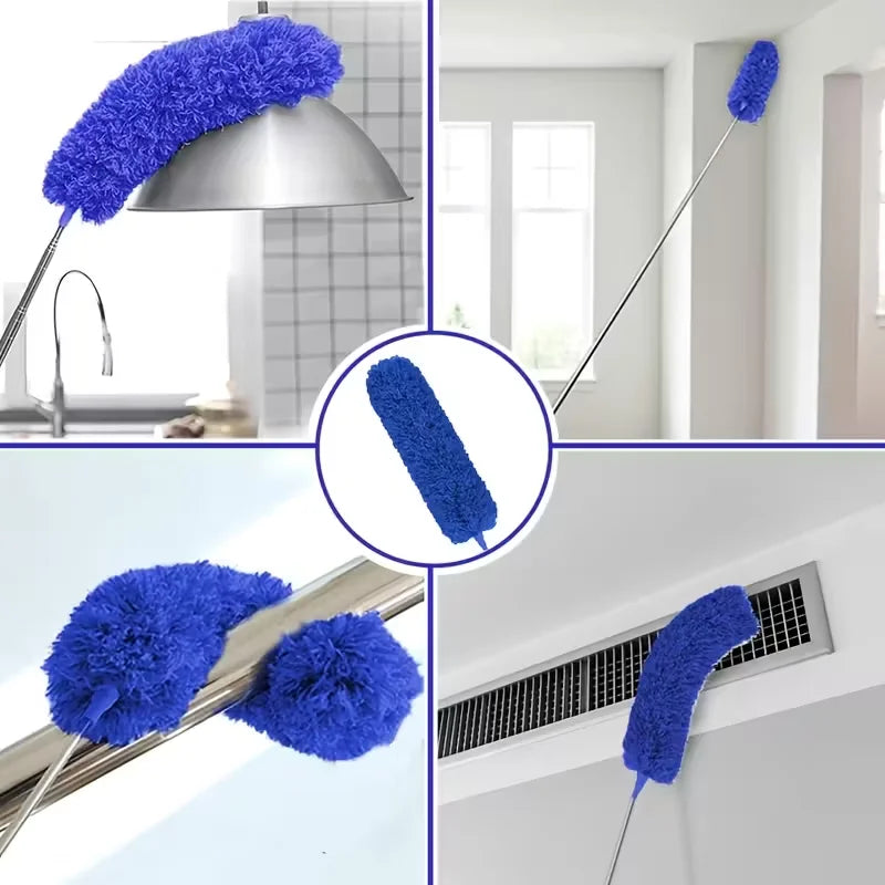 A blue microfiber duster with a telescopic extension pole is shown cleaning various surfaces.