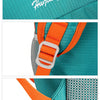 A teal backpack featuring white text and orange straps, shown from the front.