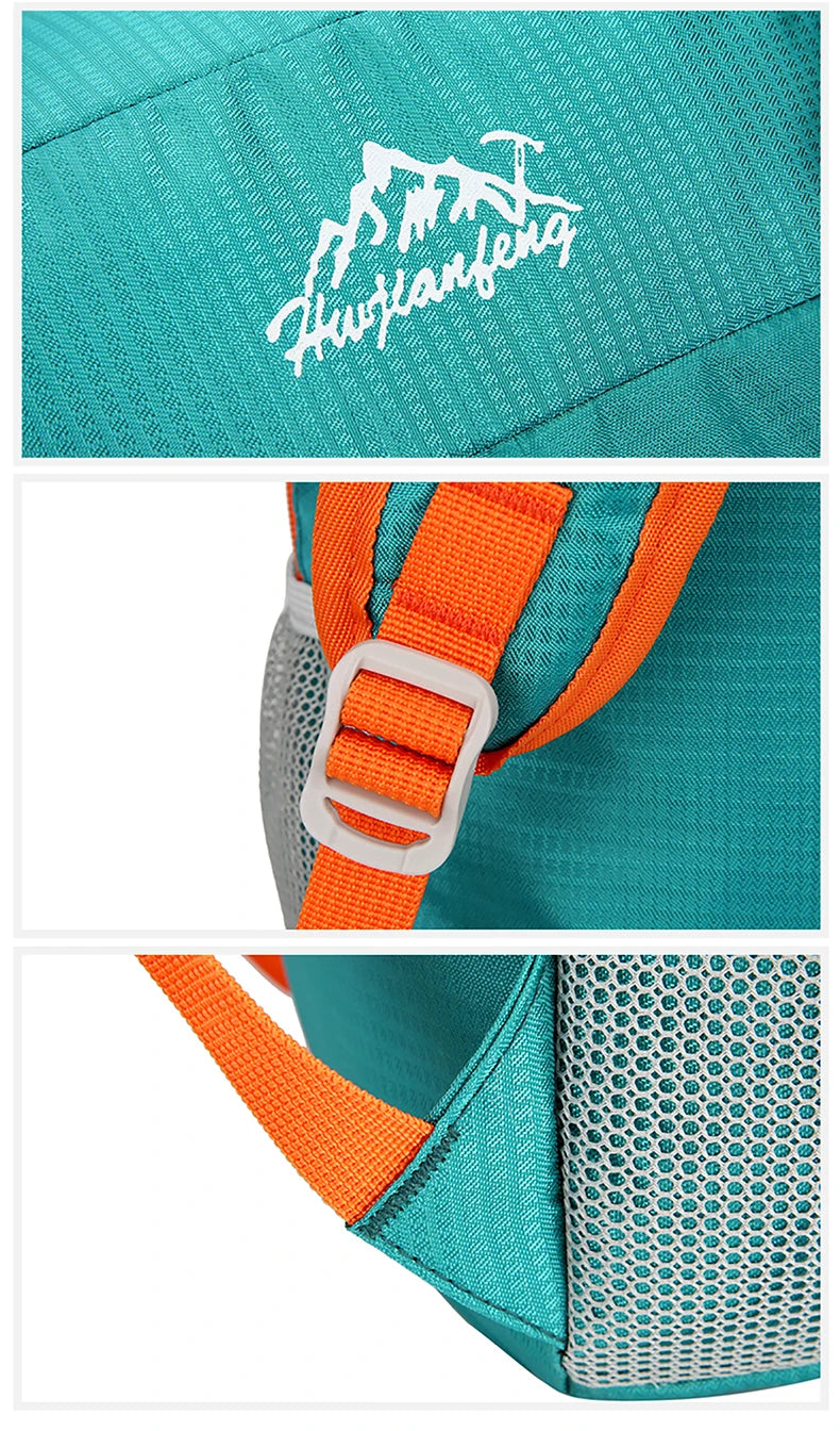 A teal backpack featuring white text and orange straps, shown from the front.