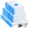 A stack of clear vacuum storage bags with blue seals and an electric pump device.