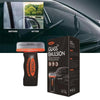 A bottle of OGAS Glass Emulsion oil film remover cleaning brush shown next to a car window comparison.