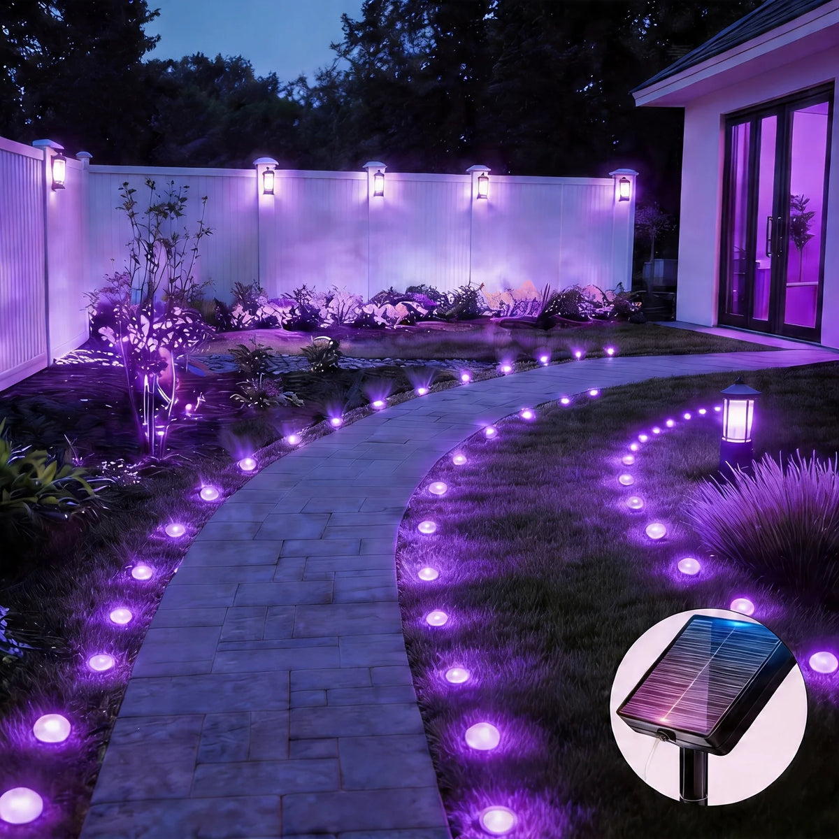 A curved stone pathway illuminated by purple solar LED lights in a garden setting.