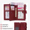 Portefeuille bi-pliable marron RFID bloquant montrant diverses fentes pour cartes et une fente pour billets de banque.