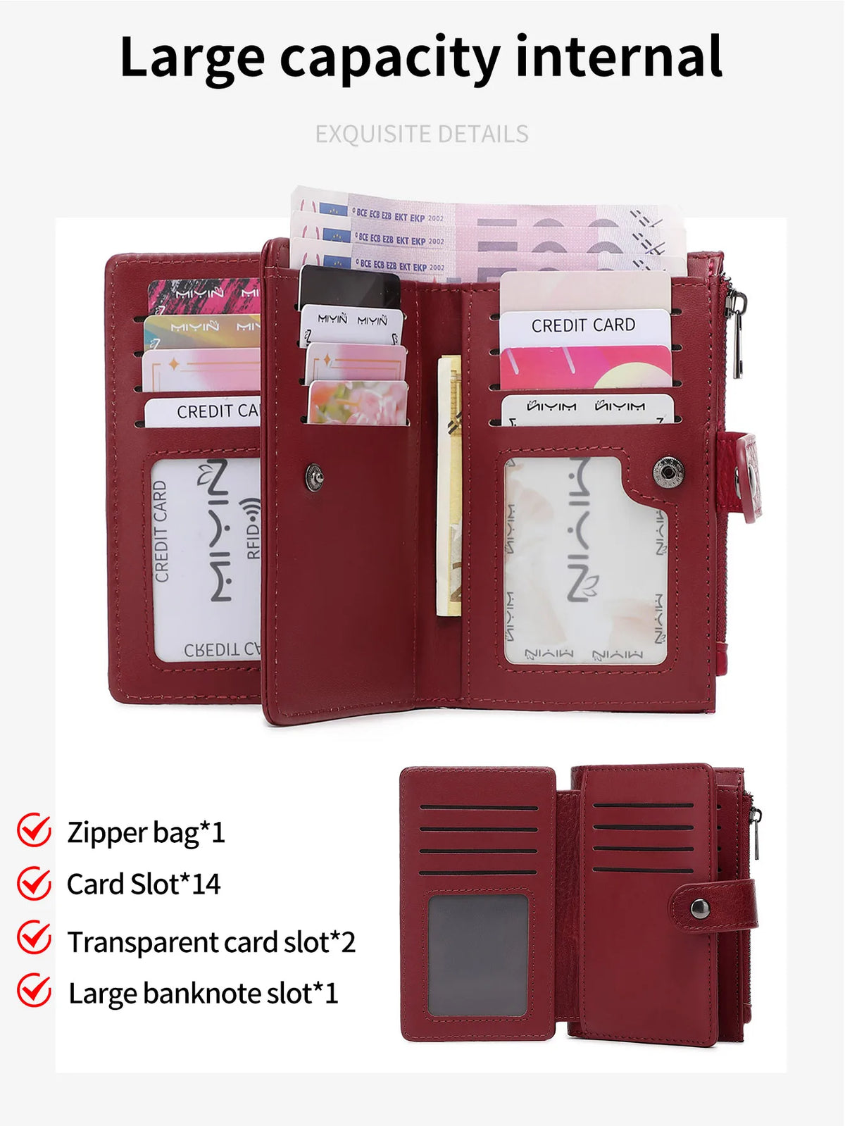 Portefeuille bi-pliable marron RFID bloquant montrant diverses fentes pour cartes et une fente pour billets de banque.