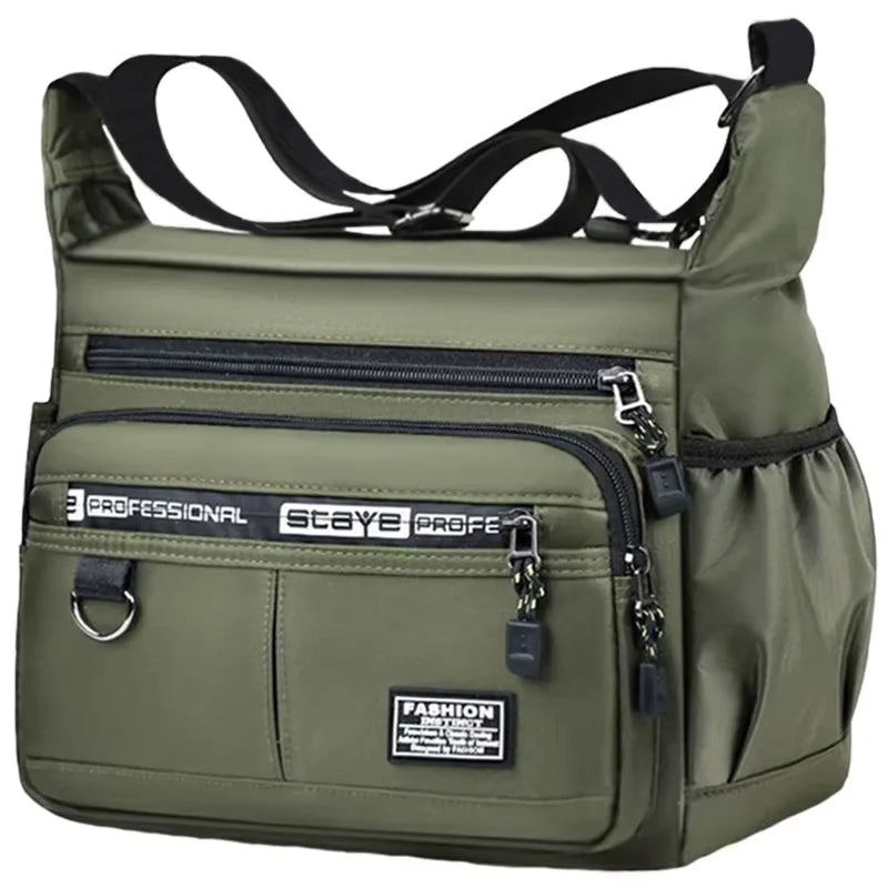Olive green men's business crossbody bag with multiple zippered pockets