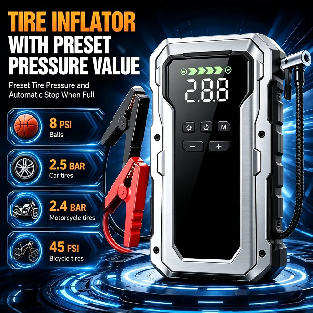 Gonfleur de pneus argenté avec écran numérique affichant 2,88 PSI et différentes options de pression prédéfinies sur fond ble