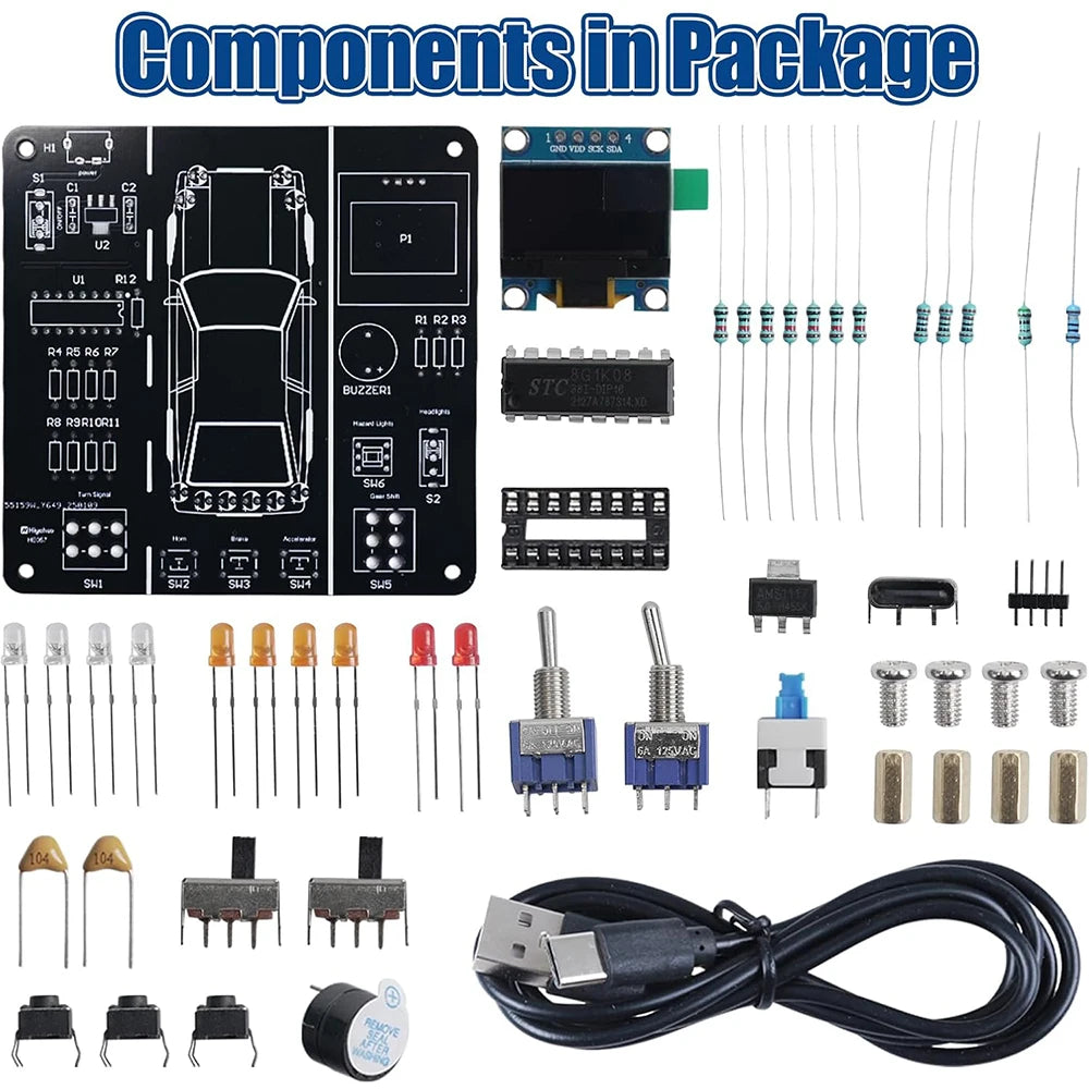 A collection of electronic components and parts for a DIY car driving simulation soldering kit.