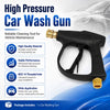A black high-pressure car wash gun is shown against a blurred background, highlighting its durable construction and threaded 