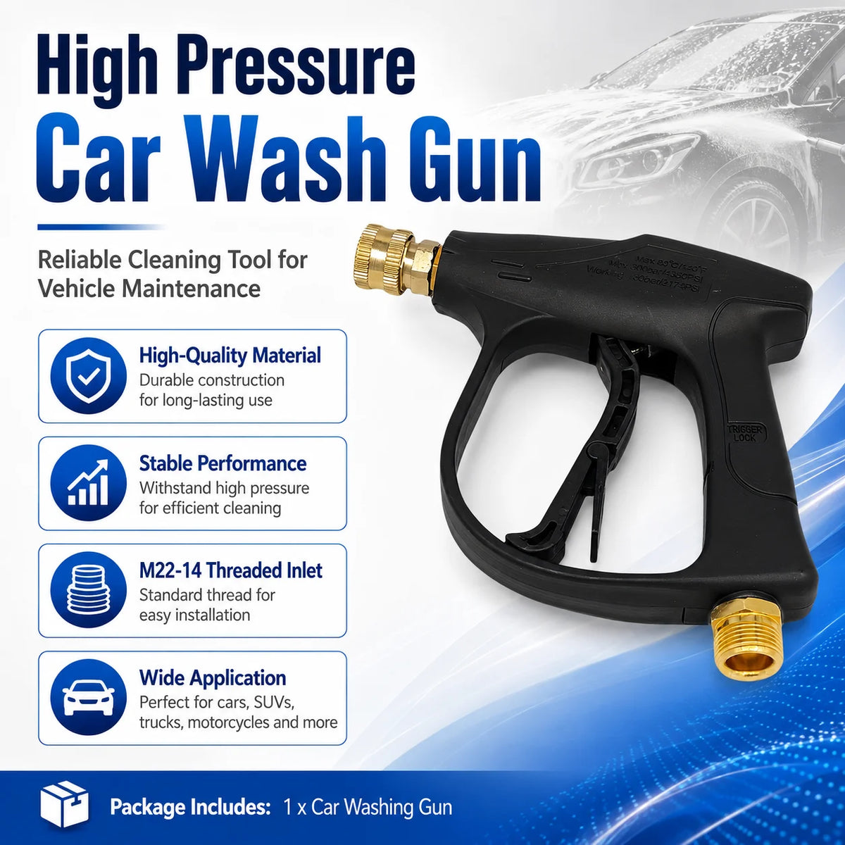 A black high-pressure car wash gun is shown against a blurred background, highlighting its durable construction and threaded 