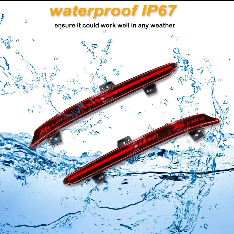 Red LED rear bumper reflector lights for 2018–2022 Honda Accord sedan shown in water.