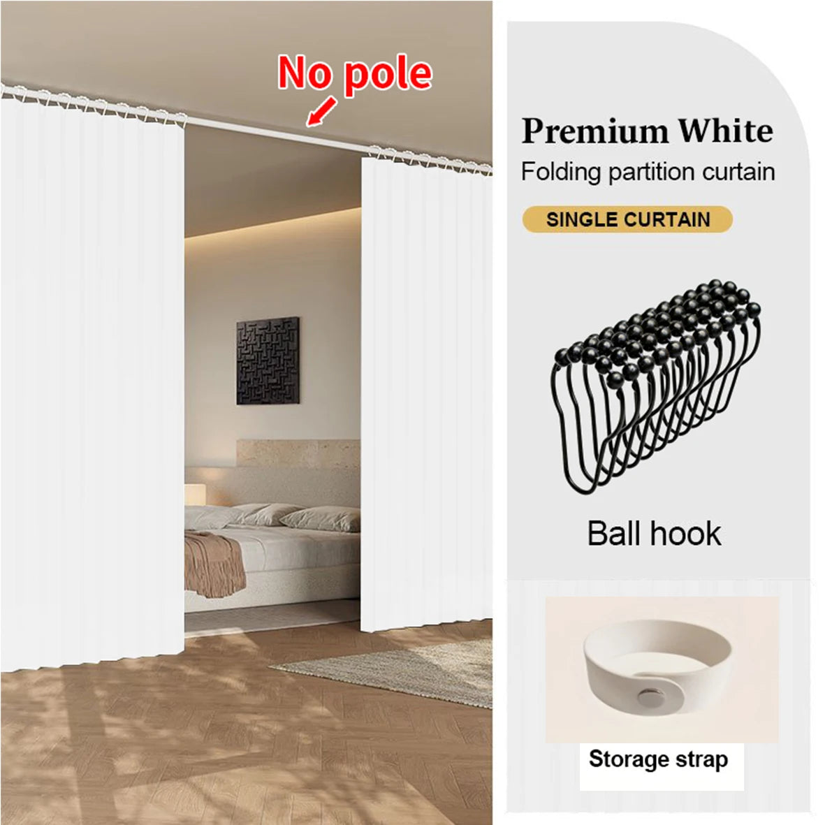 Premium white folding partition curtain featuring a ball hook and storage strap for room division