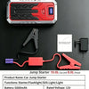 A red and silver car jump starter device with a flashlight and a separate key tool is shown on a dark background.