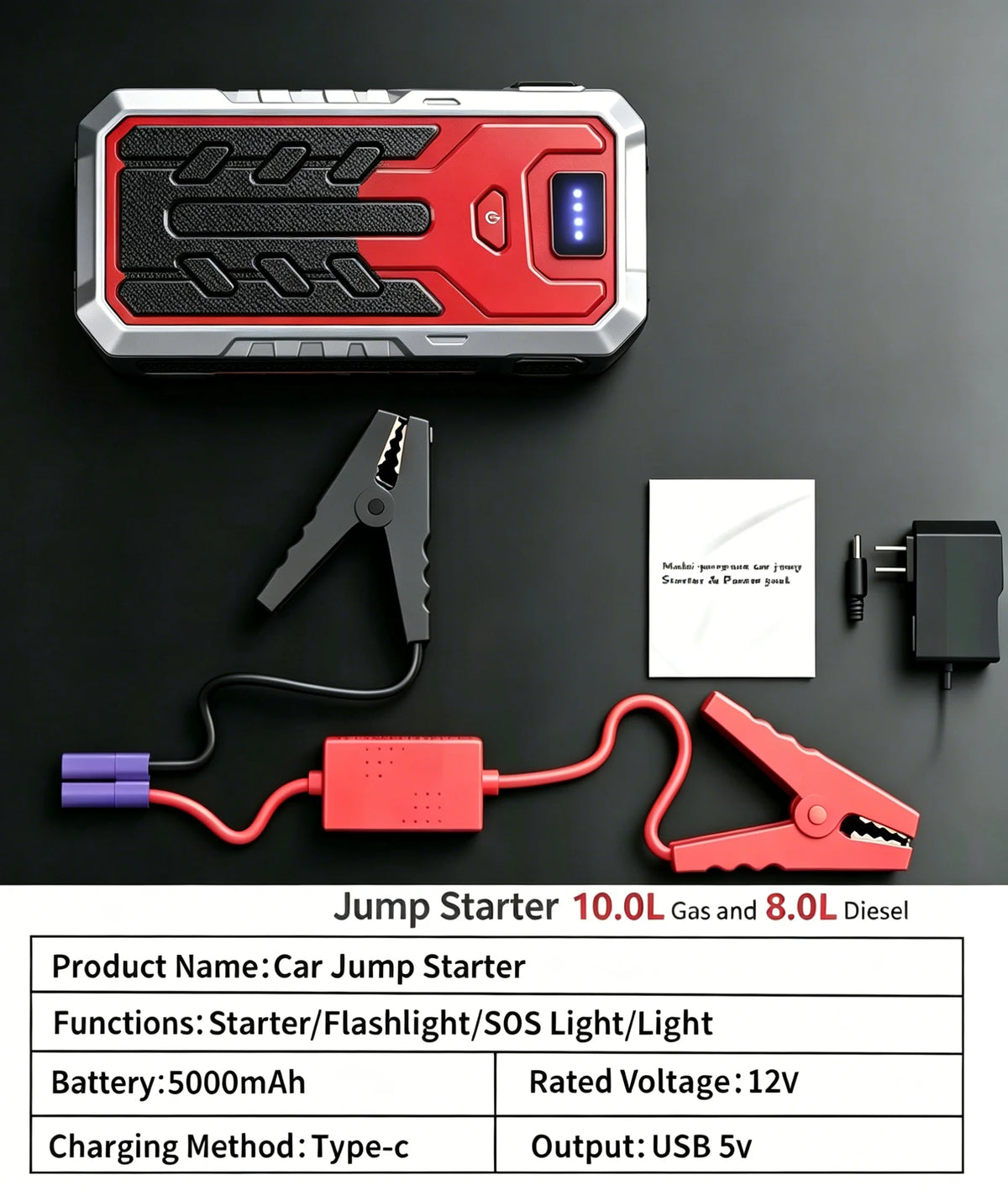 A red and silver car jump starter device with a flashlight and a separate key tool is shown on a dark background.