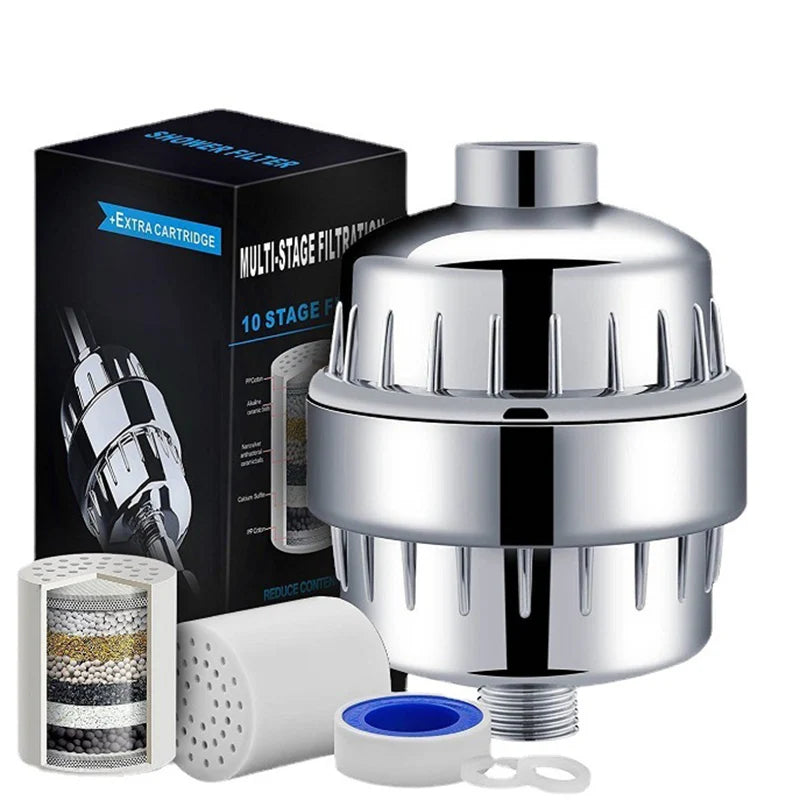 A silver shower head water purifier with a multi-stage filter cartridge and replacement filters shown next to the box.