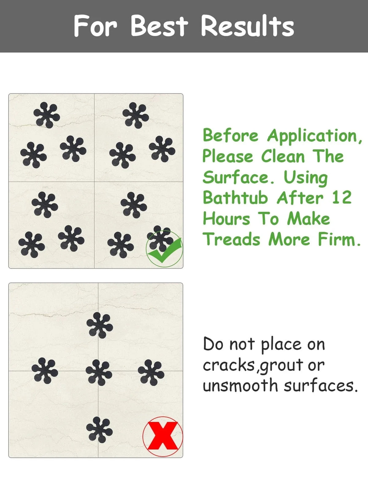 Instructions for applying snowflake anti-slip shower stickers, emphasizing surface cleaning and curing time.