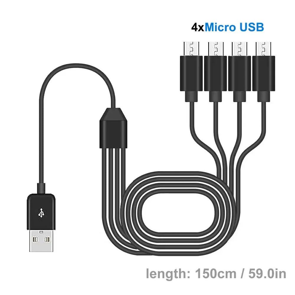 A black 4xMicro USB charging cable with a flexible wire and a connector for multiple devices.